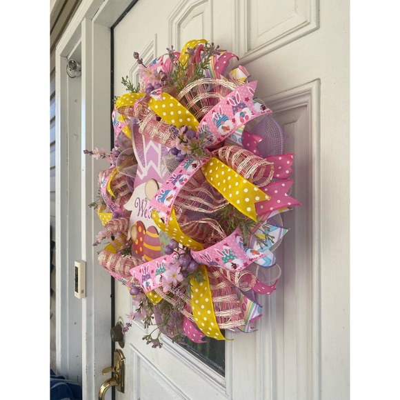 Wooden Welcome Easter Bunny Gnome Sign & Eggs Deco Mesh & Ribbon Wreath - Picture 5 of 6